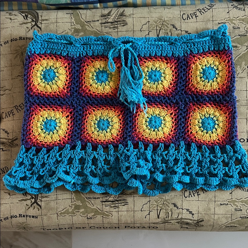 Handmade Crochet Blue Multicolor Swim Coverup Skirt
